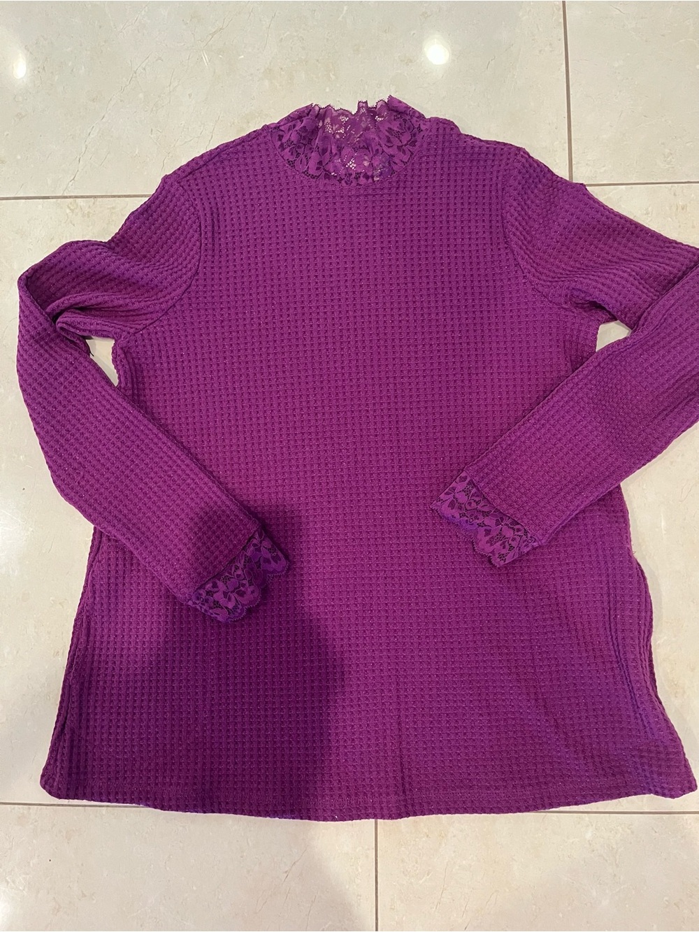 LOGO by Lori Goldstein Purple Waffle-Knit Lace-Trim Top